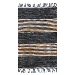 Dark Grey Leather Jute Stripes Rustic Rug
